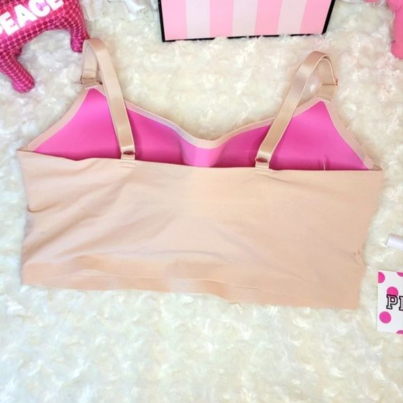 NWT 2PC PINK VICTORIA SECRET NUDE SET SCOOP BRA COTTON LOGO THONG LARGE L - Picture 7 of 12